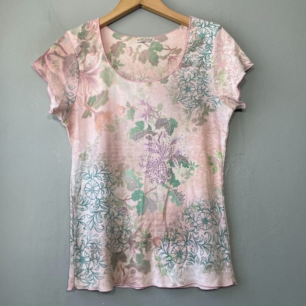 Xcit USA Size Medium Embellished Floral Knit Baby Tee Top Fairy Coquette Y2K